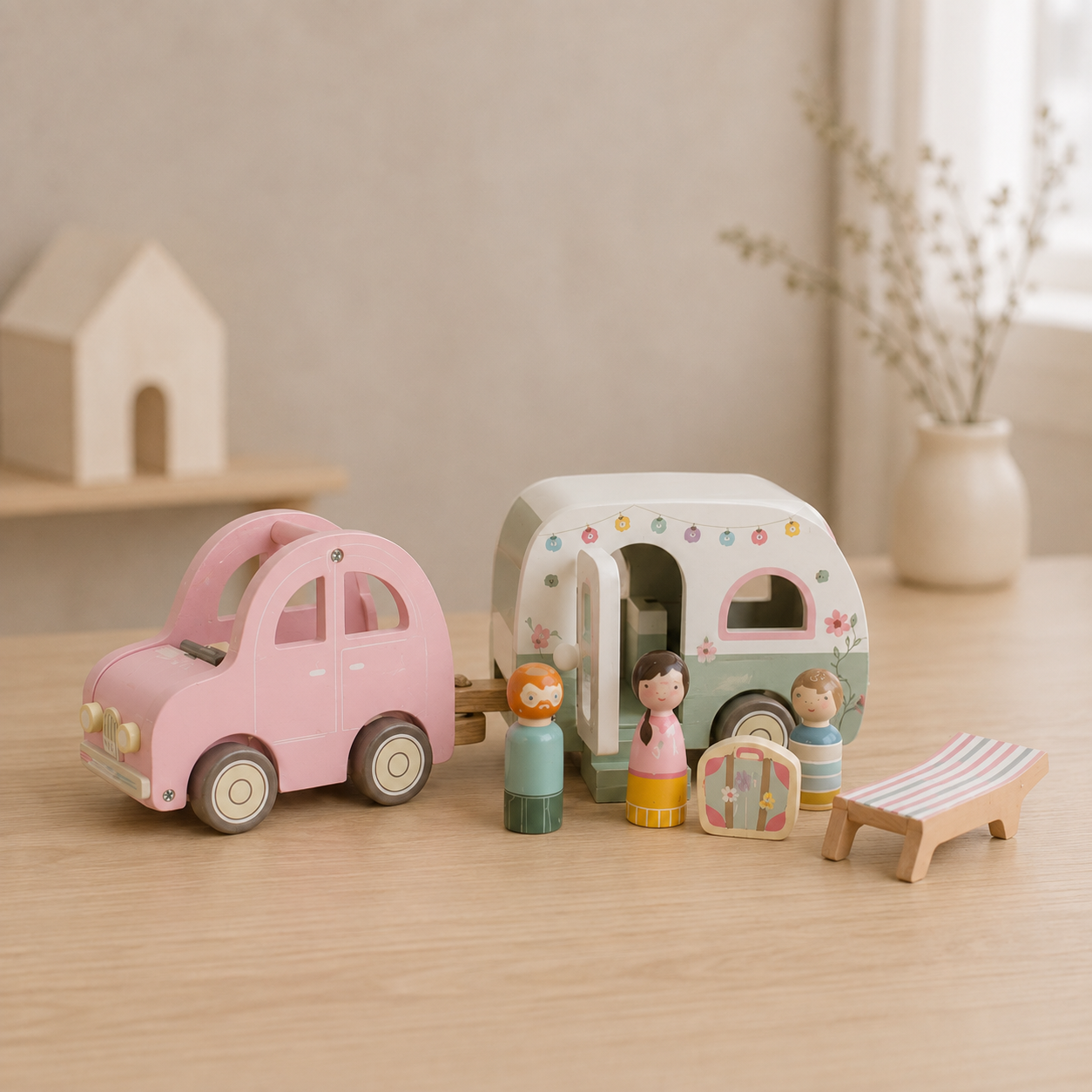 Houten Speelgoed - Auto met caravan